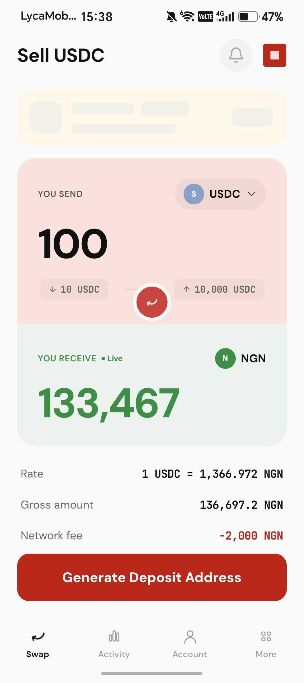 Muno app — sell USDC